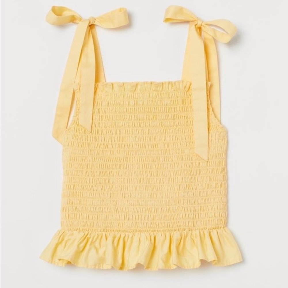 Light Yellow Smocked Crop top 100% Cotton & tie-top straps ruffle trim size XL